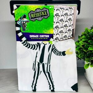 NEW Beetlejuice Shower Curtain White Striped Suit Sandworm Graphic 70 x 72